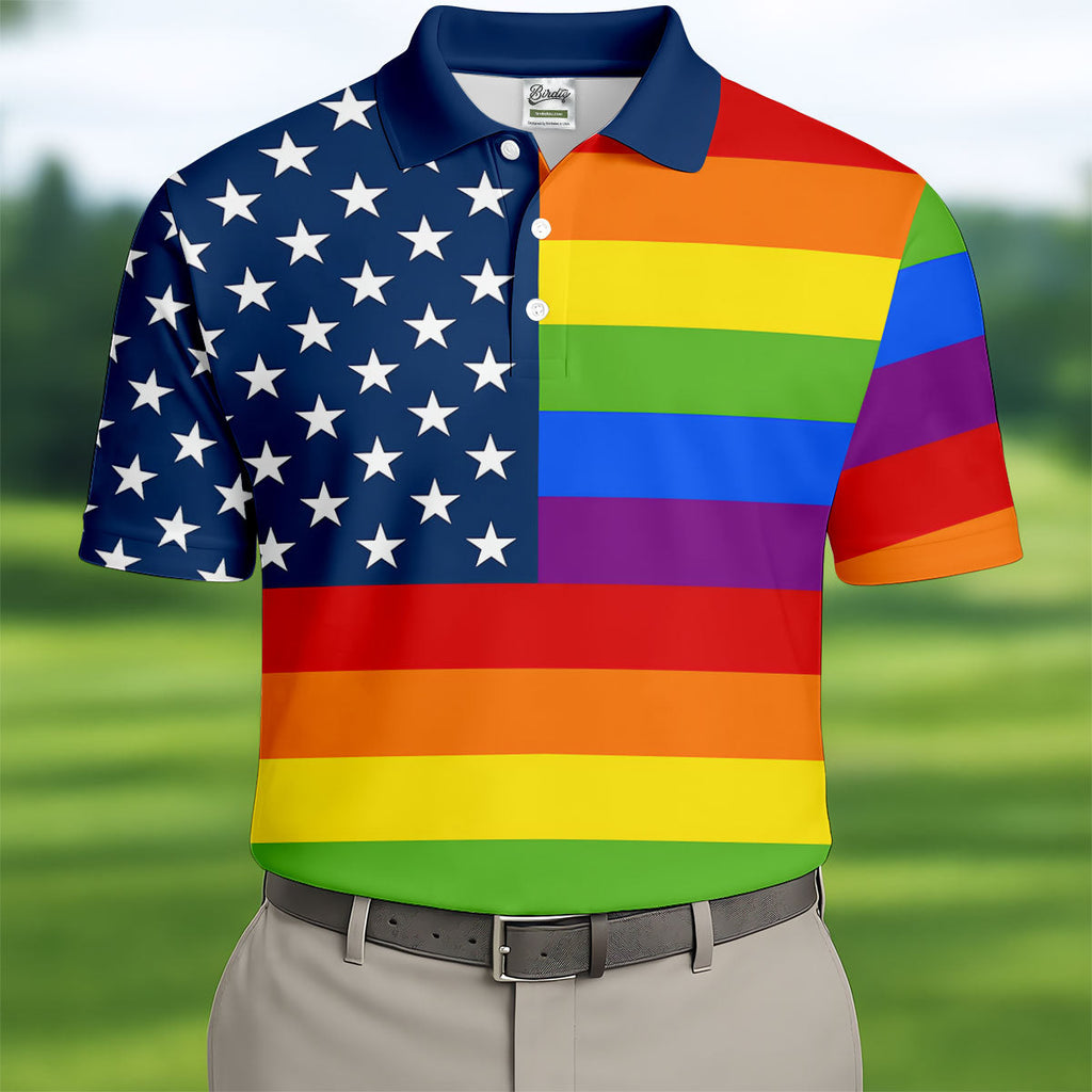 Gay Pride American Flag Golf Tops For Men, Pride Month Golf Shirts For Men