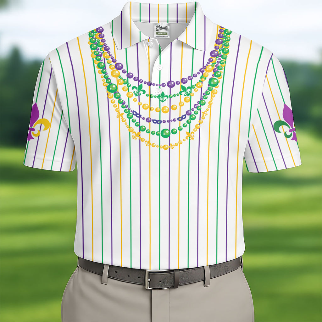 Mardi Gras Beads Necklaces Print White Golf Shirt, Golf Tops For Men, Polo Shirts For Men, Golf Shirts For Men