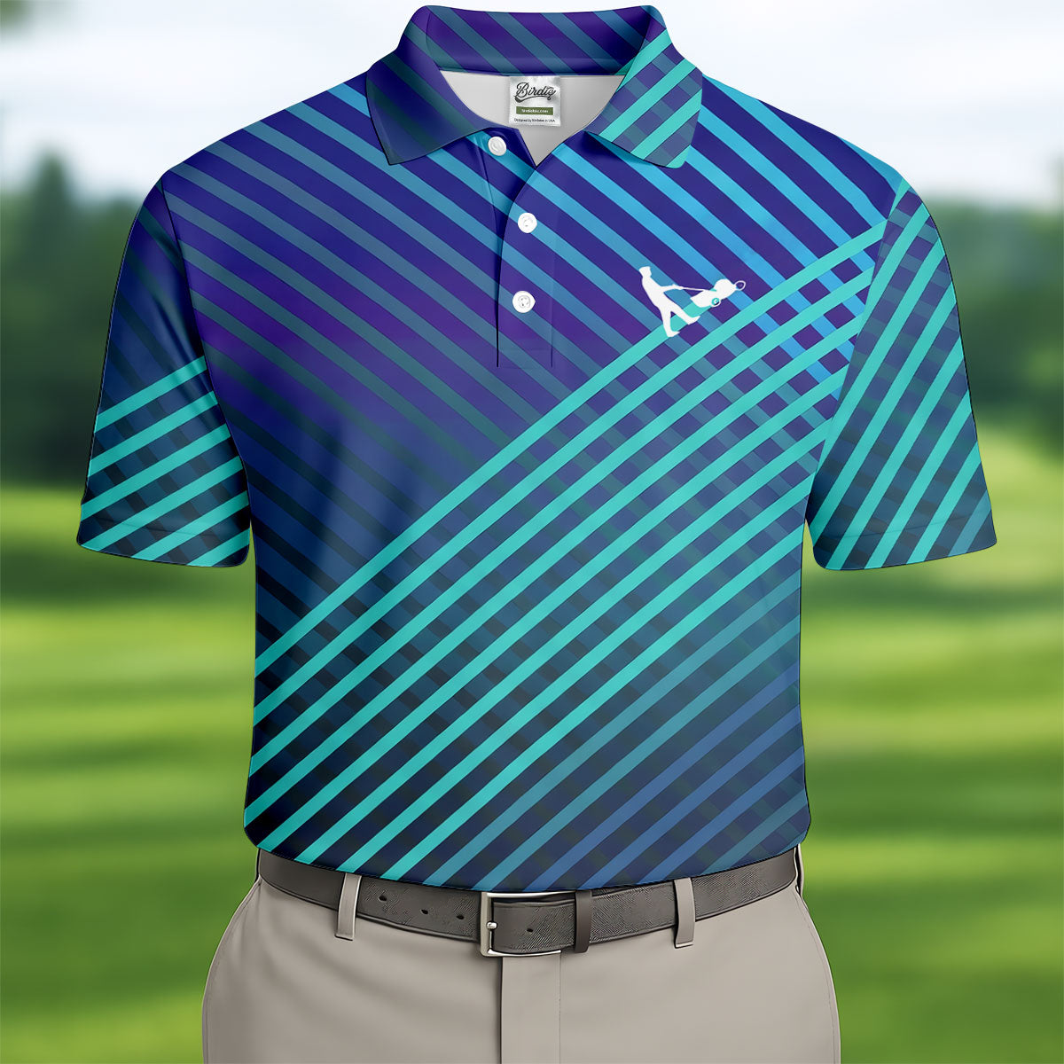 Teal And Purple Striped Pattern Golf Tops For Men, Performance Golf Shirt, Polo Shirts For Men