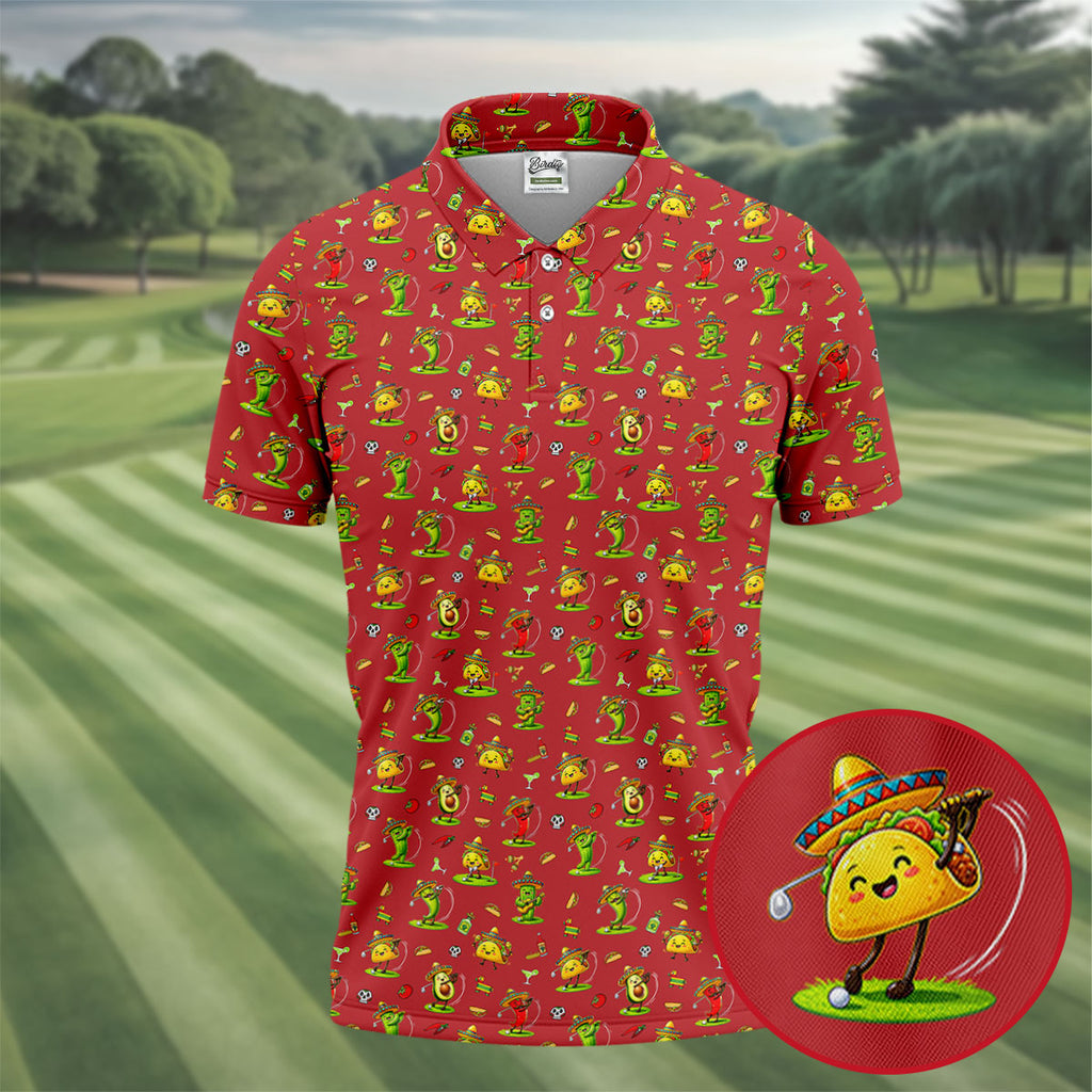 Mexican Cartoon Food Characters Cinco De Mayo Celebration Fiesta Themed Red Golf Shirts For Men