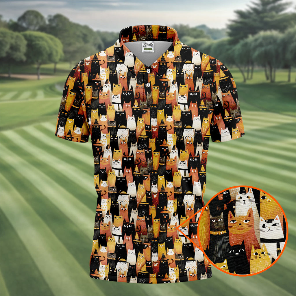 Orange Black Halloween Cat Fun Golf Shirts For Men, Cute Golf Outfit, Polo Shirts For Men