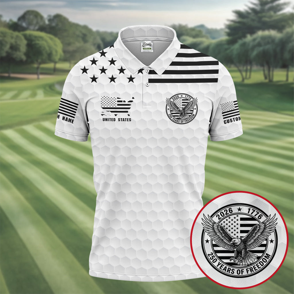 250 Years Of Freedom Golf Ball Pattern White Golf Shirt, 4th Of July Patriotic Golf Shirts For Men