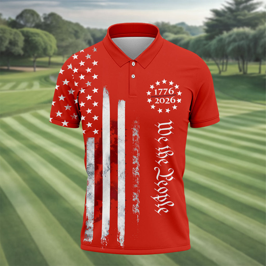We The People Distressed Flag Patriotic Red Golf Shirt, 250 Years 4th Of July Golf Shirts For Men