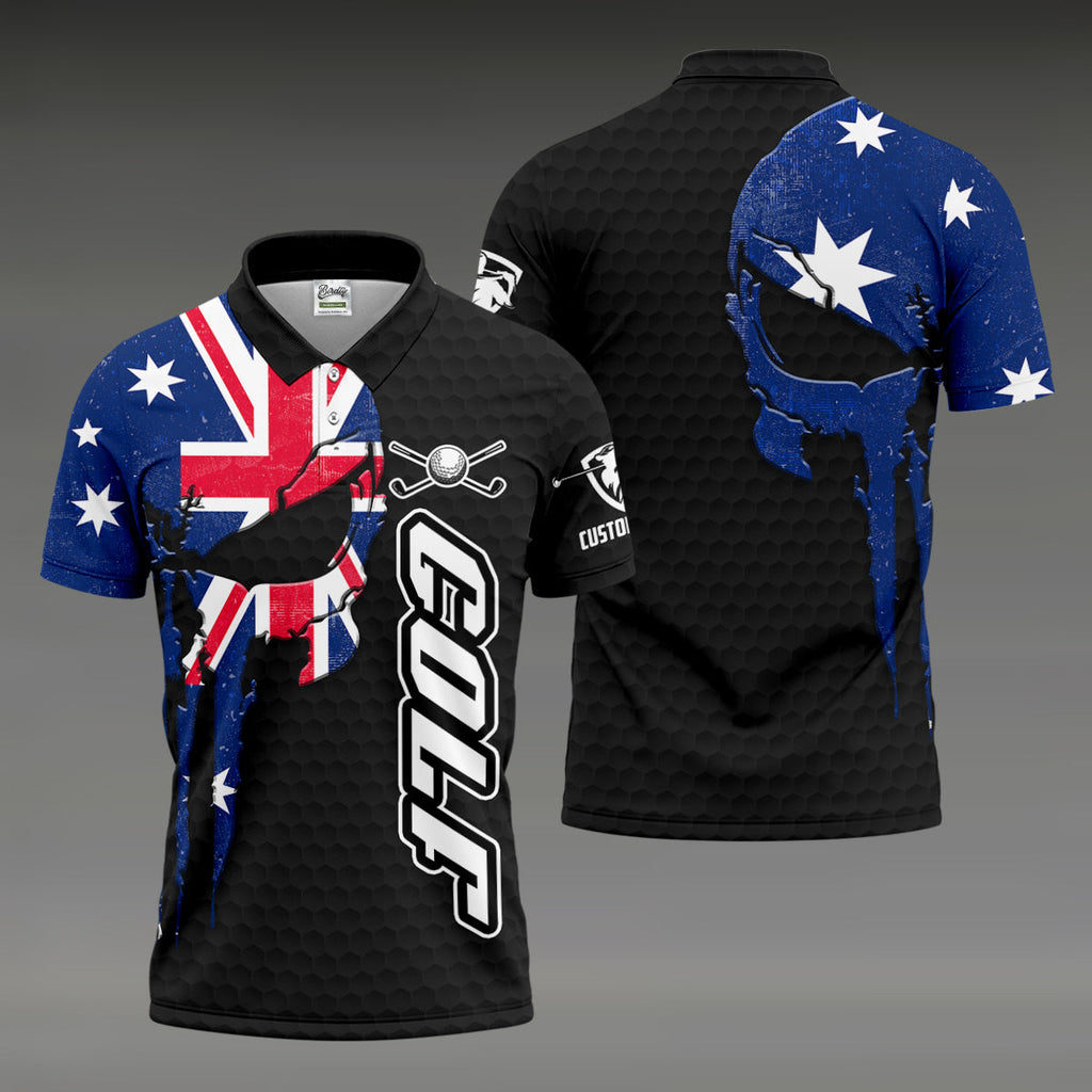 Cool Skull Golf Ball Pattern Australia Flag Print Black Golf Shirt, Polo Shirts For Men