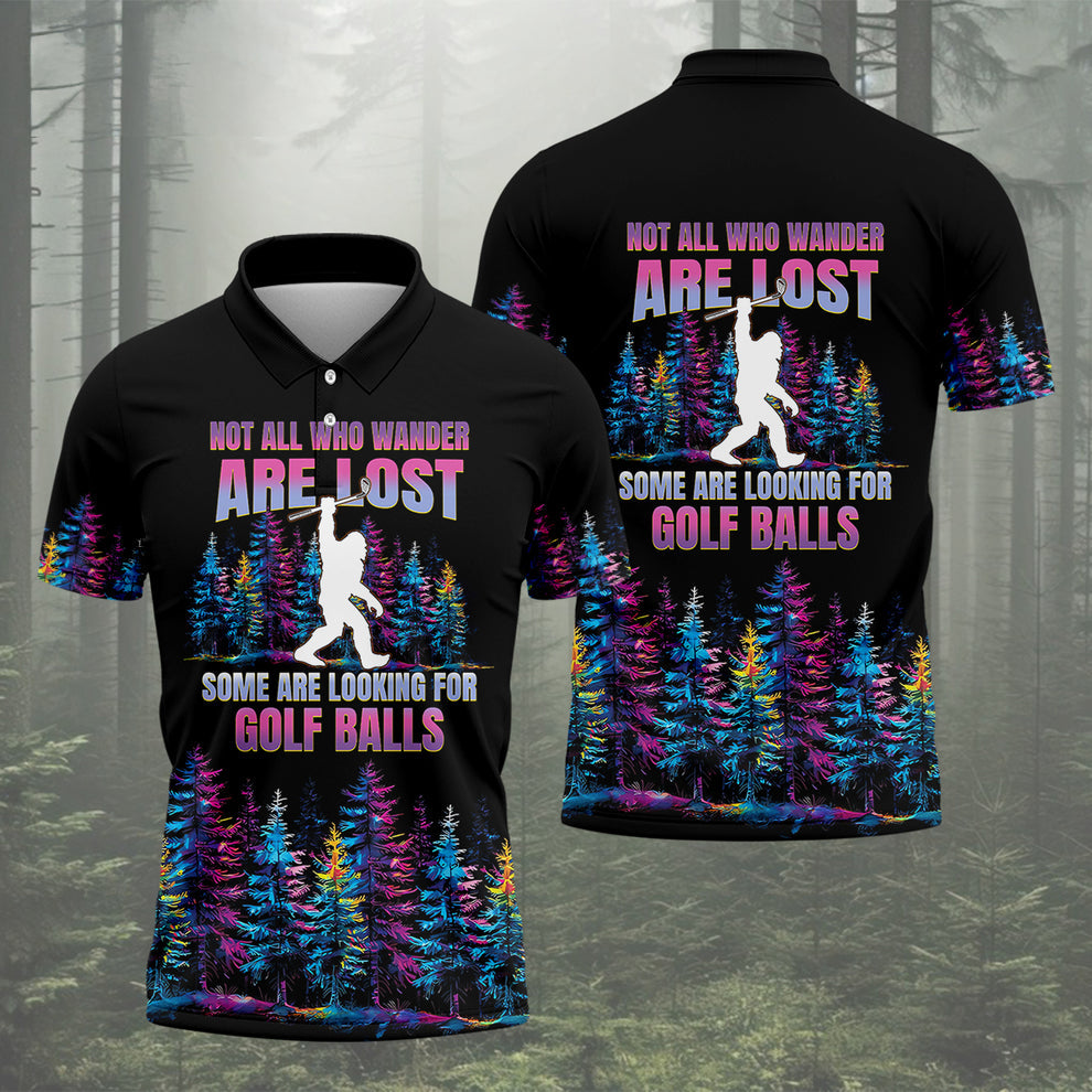 Bigfoot Moon Forest Golf Shirt, Not All Who Wander Are Lost, Funny Men's Sasquatch Tee, Dad Golf Gift