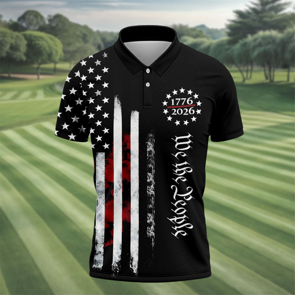 We The People Distressed Flag Patriotic Black Golf Shirt, 250 Years 4th Of July Golf Shirts For Men