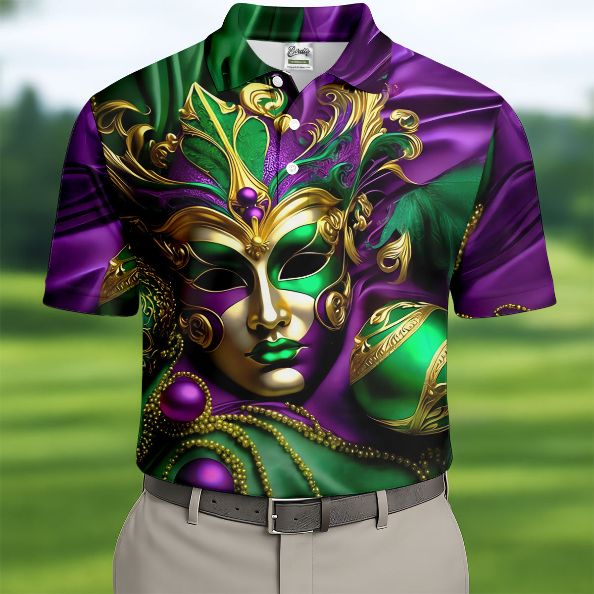 Mardi Gras Face Mask Purple Green Gold Polo Shirts For Men, Golf Shirts For Men, Polo For Men