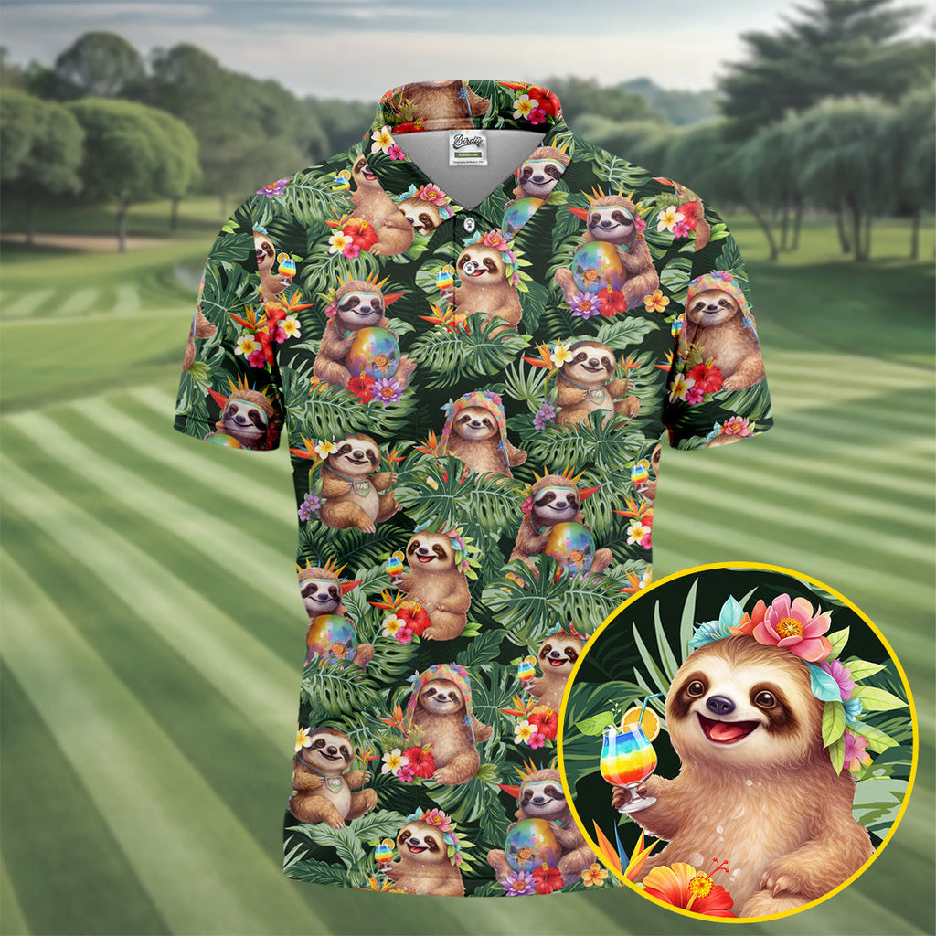 Funny Sloth Hawaiian Summer Golf Tops For Men, Hawaiian Golf Shirts, Polo Shirts For Men