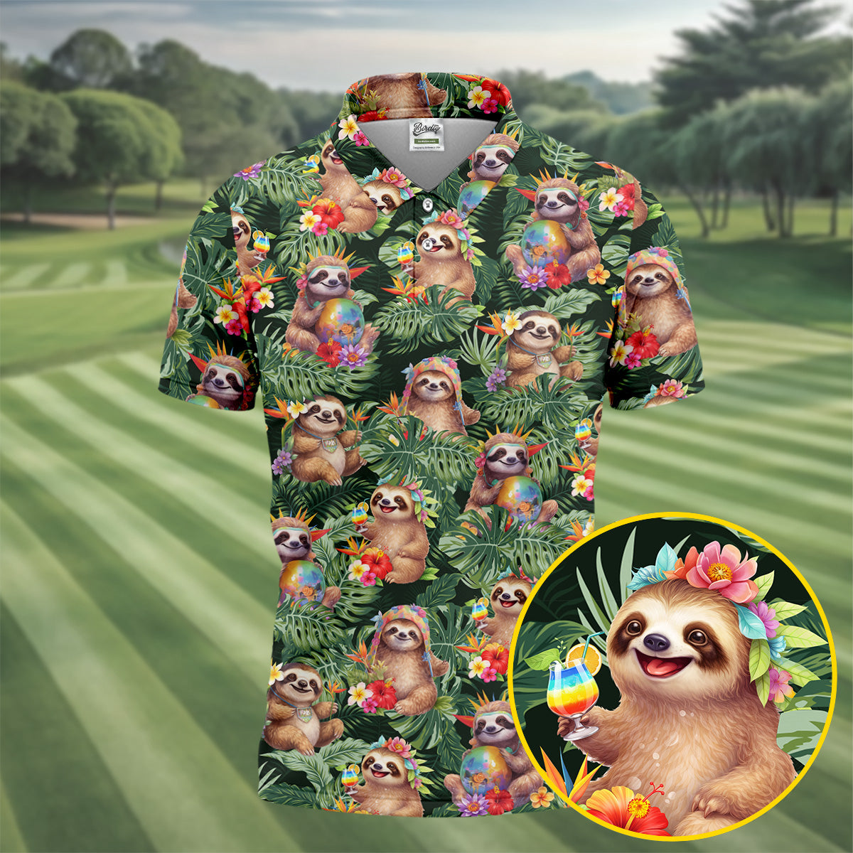 Funny Sloth Hawaiian Summer Golf Tops For Men, Hawaiian Golf Shirts, Polo Shirts For Men