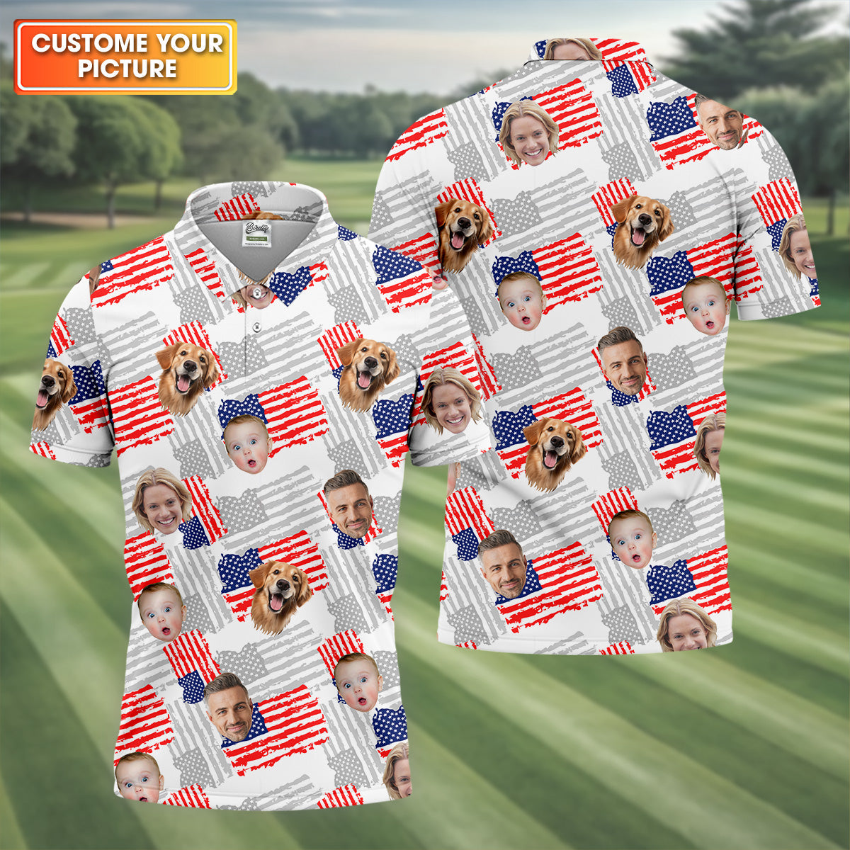 Custom American Flag Shirts With Faces, Funny 4th Of July Shirt, USA Golf Shirt, Men's Golf Polo Shirt