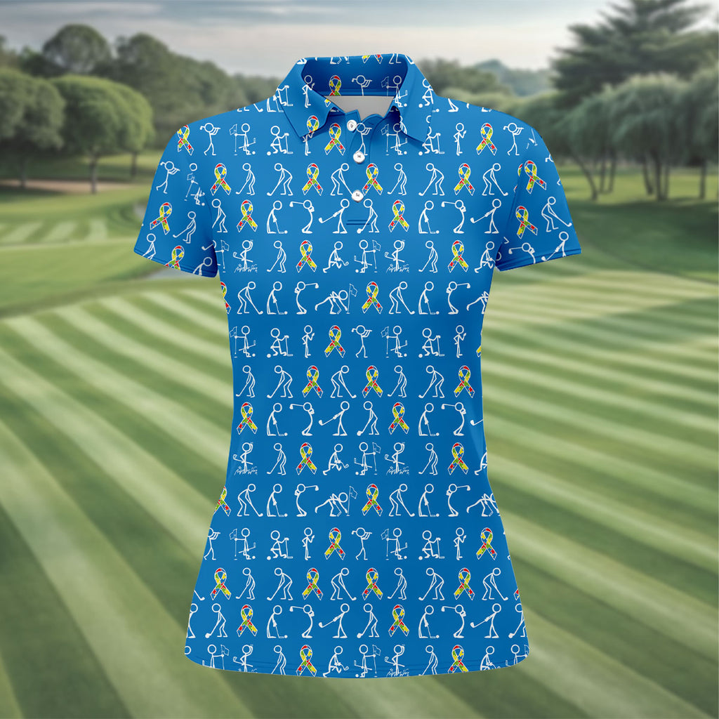 Stick Figure Golf Pose Autism Ribbon Blue Golf Shirt, Autism Awareness Colors Ladies Golf Polos