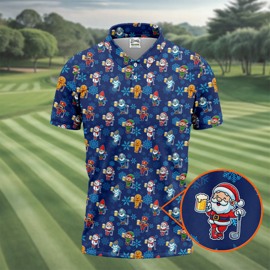 Christmas Characters Golf And Beer Navy Men's Funny Golf Shirts, Christmas Golf Shirt, Polo ShirtFor Men