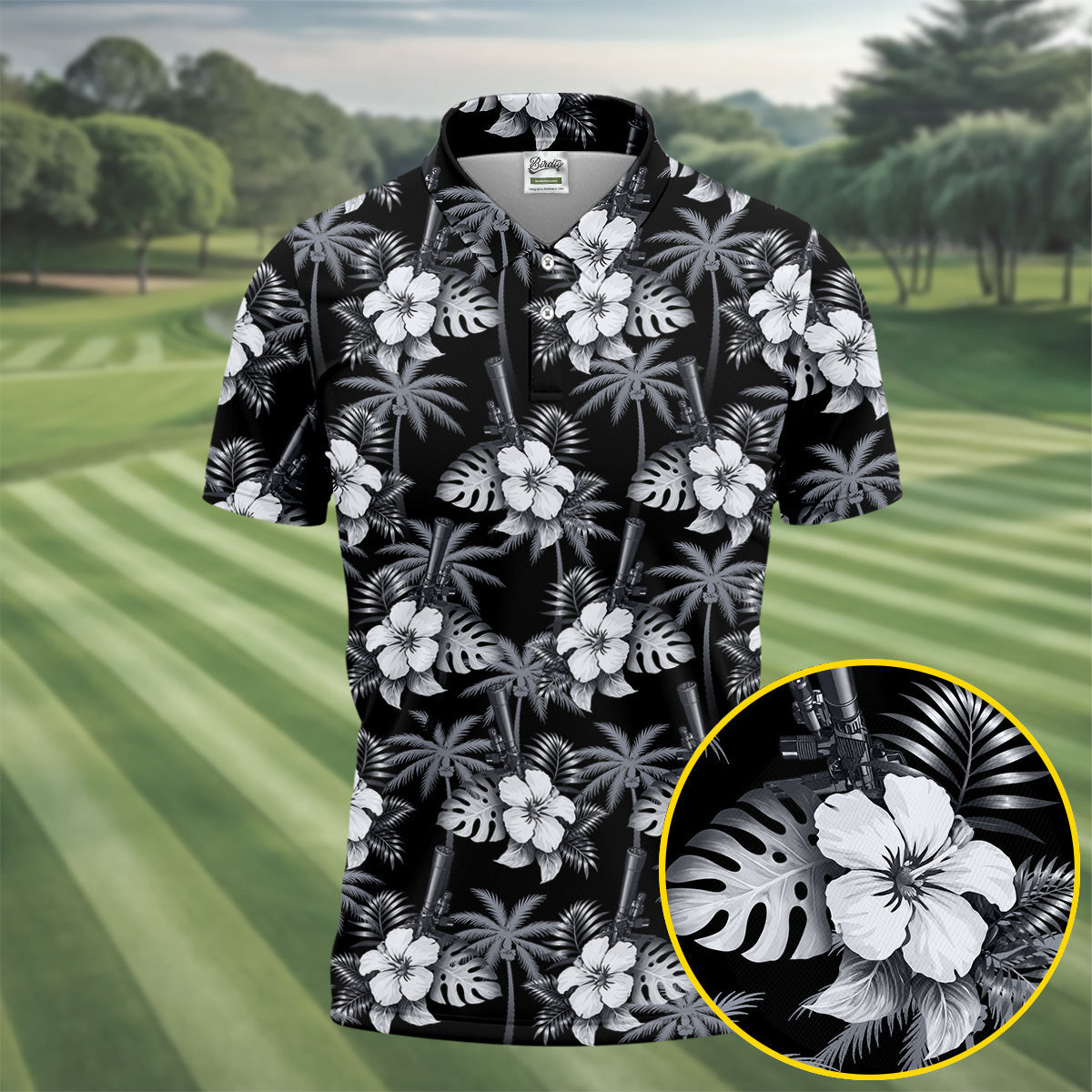 White Hibicus Black Hawaiian Golf Shirt, Tropical Summer Theme Golf Shirts For Men