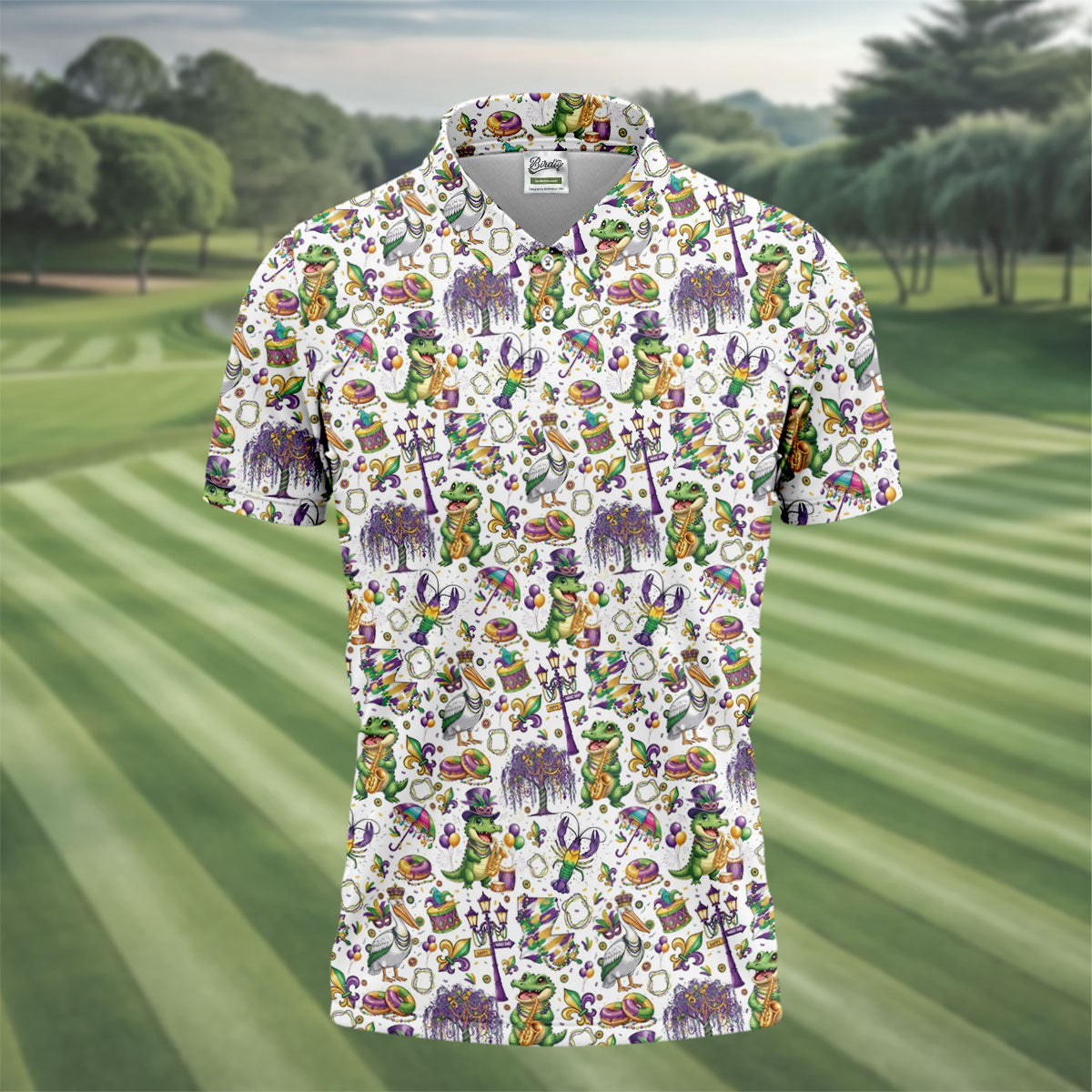 Mardi Gras Fleur De Lis Animal Band White Golf Shirt, Golf Tops For Men, Polo Shirts For Men