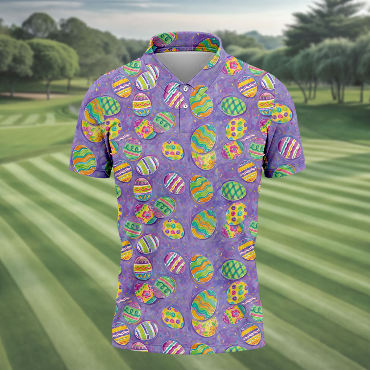 Colorful Painted Easter Eggs Golf Shirts For Men, Cute Golf Outfit, Polo Shirts For Men