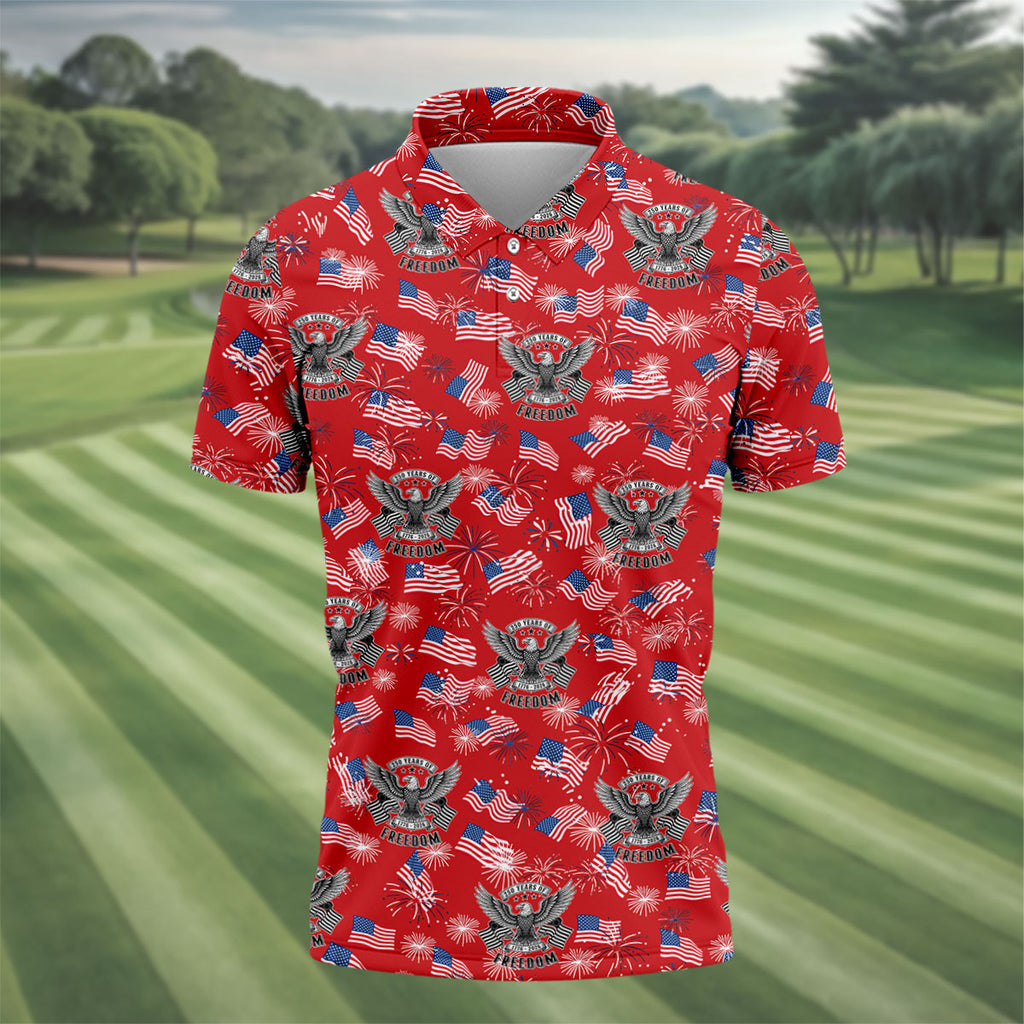 250 Years Of Freedom Festive Flag Vintage Red Golf Shirt, Patriotic 4th Of July Golf Shirts For Men