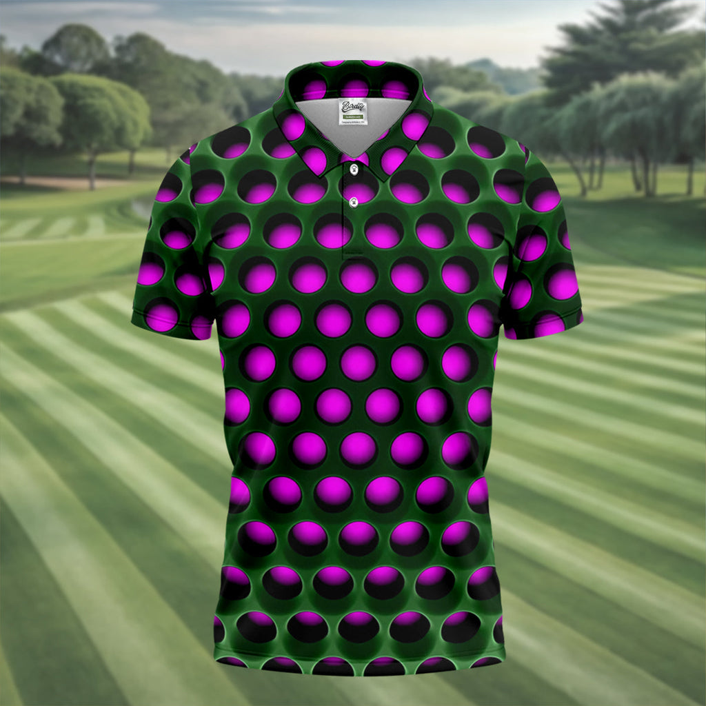 3D Effect Circular Pattern Purple Golf Shirt, Cool Golf Outfit, Men's Funny Golf Shirts, Polo Shirts For Men