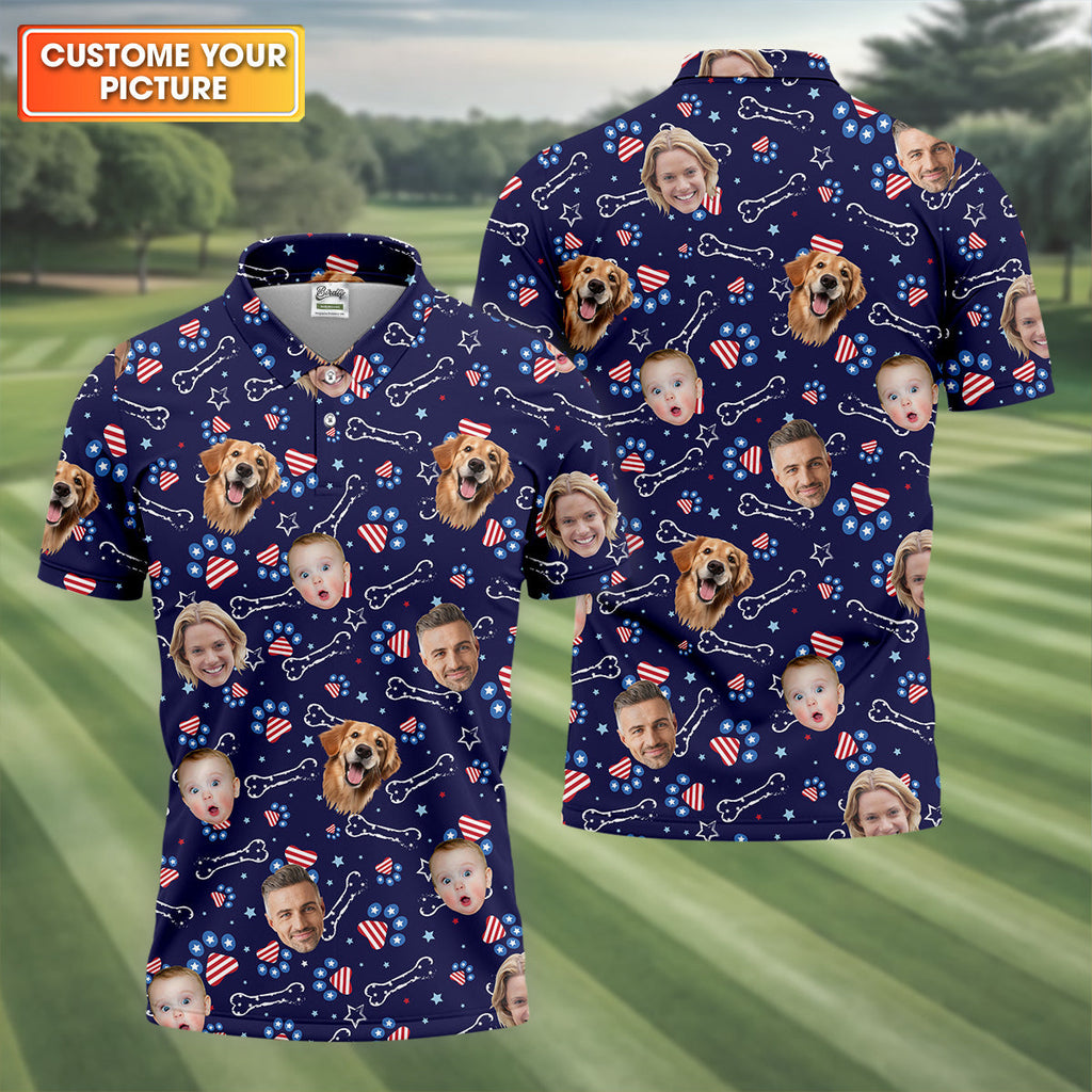 USA Custom Shirts With Faces, Men's Golf Polo Shirt, Men's 4th Of July Shirts, USA Golf Shirt