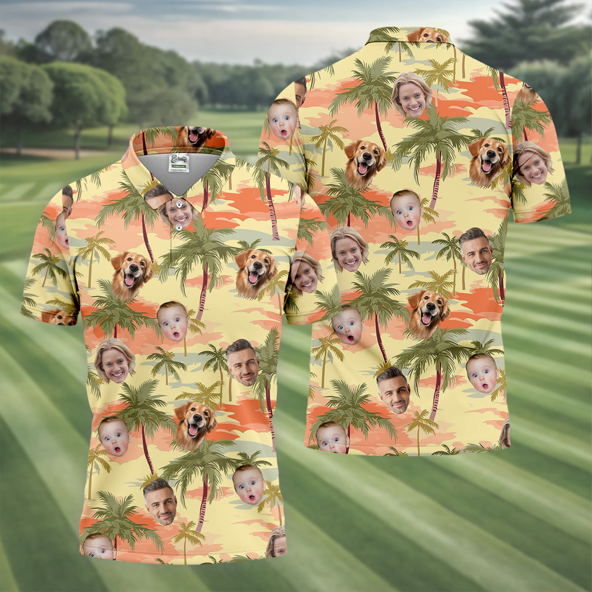 Yellow Sunset Hawaiian Shirt With Face, Men Golf Polo, Matching Hawaiian Outfits, Long Sleeve Polo