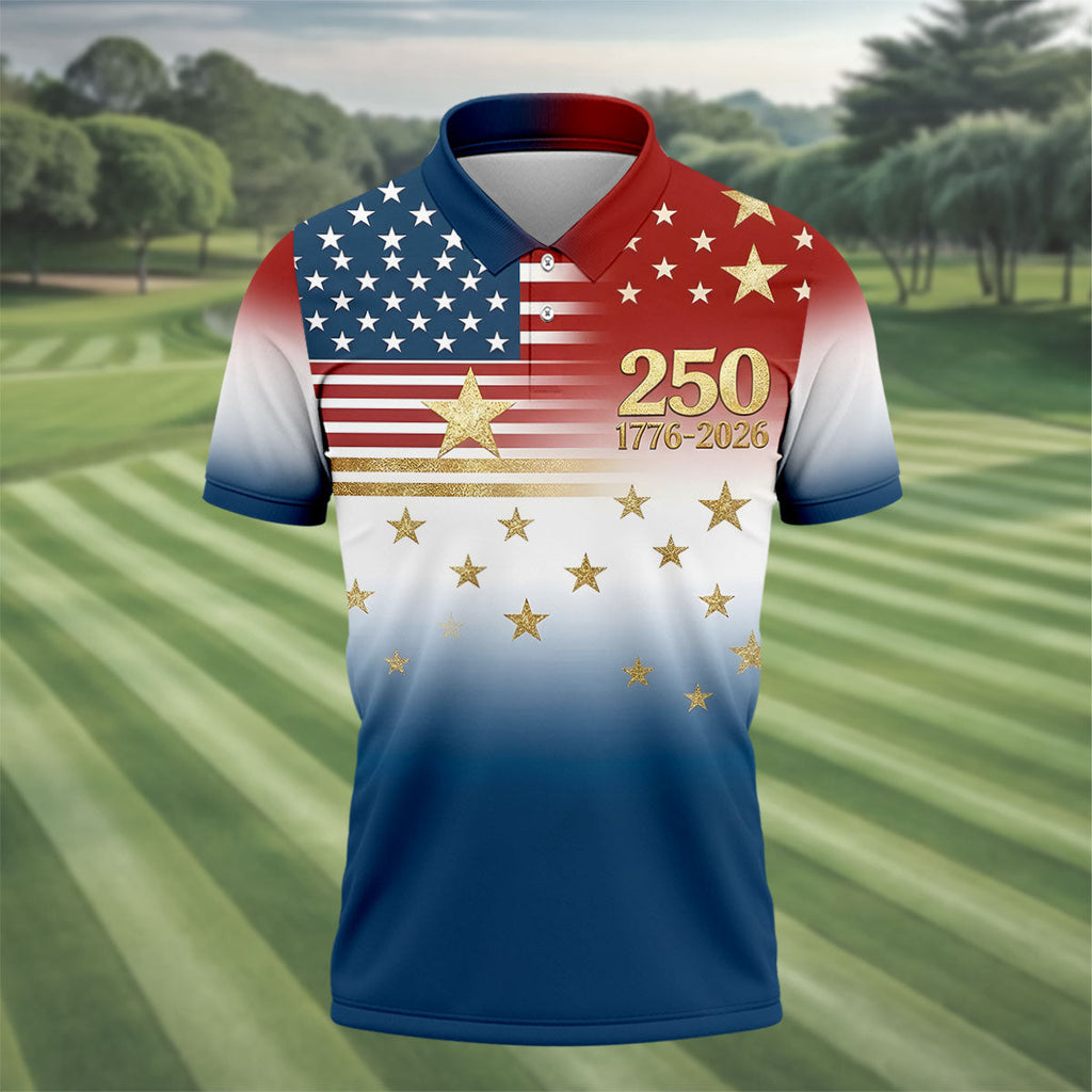 250 Years 1776-2026 Golden Star Golf Shirts For Men, Patriotic 4th Of July Polo ShirtFor Men