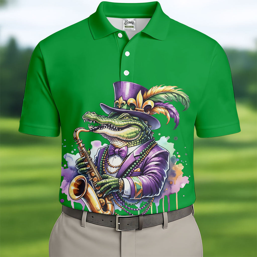 Mardi Gras Alligator Playing Saxophone Green Golf Shirt, Golf Shirts For Men, Polo Shirts For Men