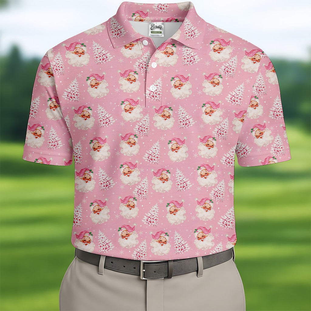 Pink Xmas Tree Santa Claus Pattern Christmas Golf Shirt, Polo Shirts For Men, Golf Gift For Men