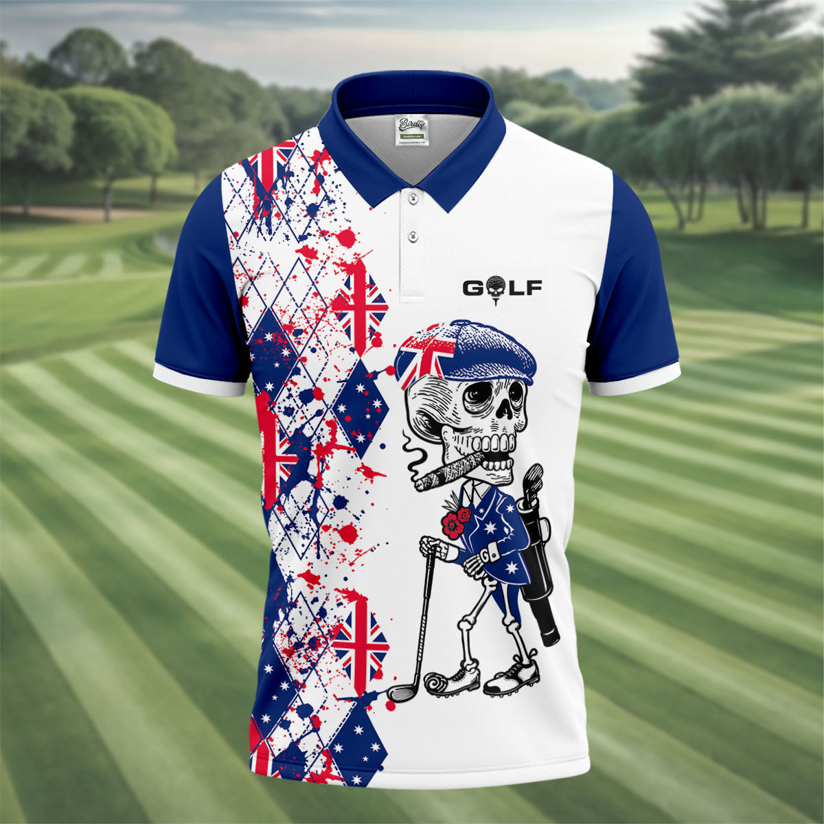 Swing Swear Look For Ball Repeat Australia Flag Print Skeleton Golfer Argyle Golf Shirt, Polo Shirts For Men
