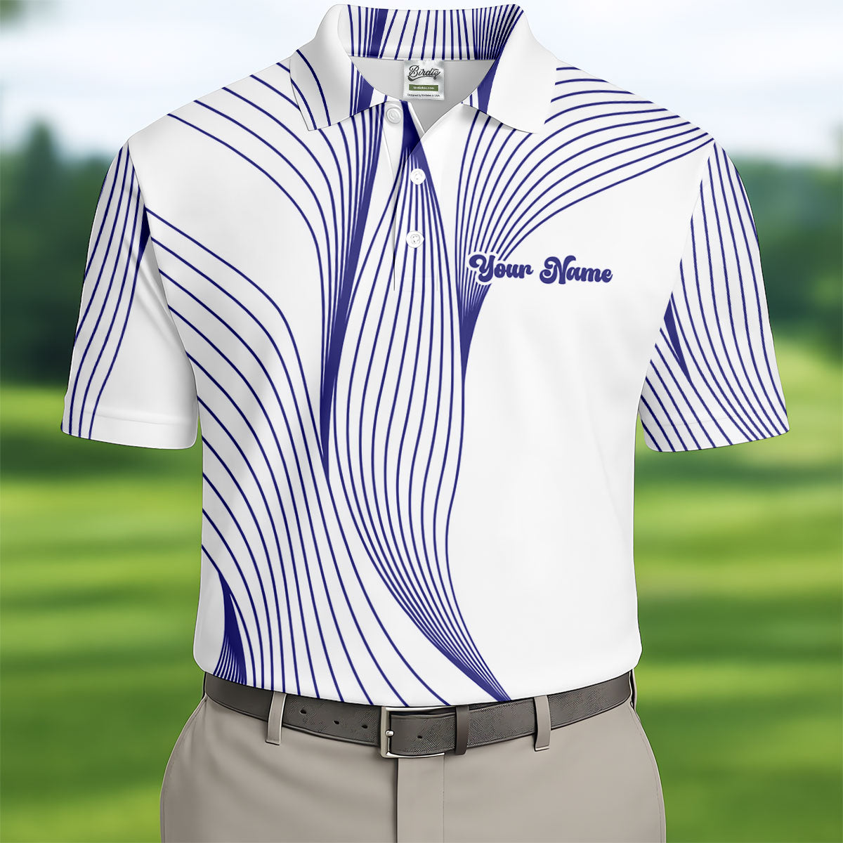 Geometric Line Wavy Line Purple And White Custom Name Golf Shirts For Men, Men's Golf Shirt, Polo Shirts For Men