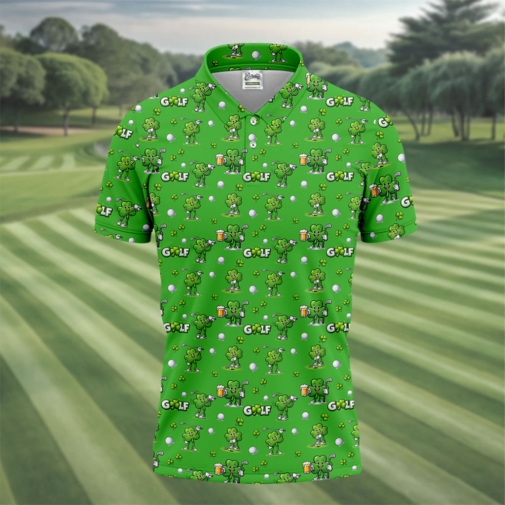 Three Leaf Clover Golf And Beer St Patrick's Day Green Golf Shirt, Fun Golf Shirts For Men, Polo Shirts For Men