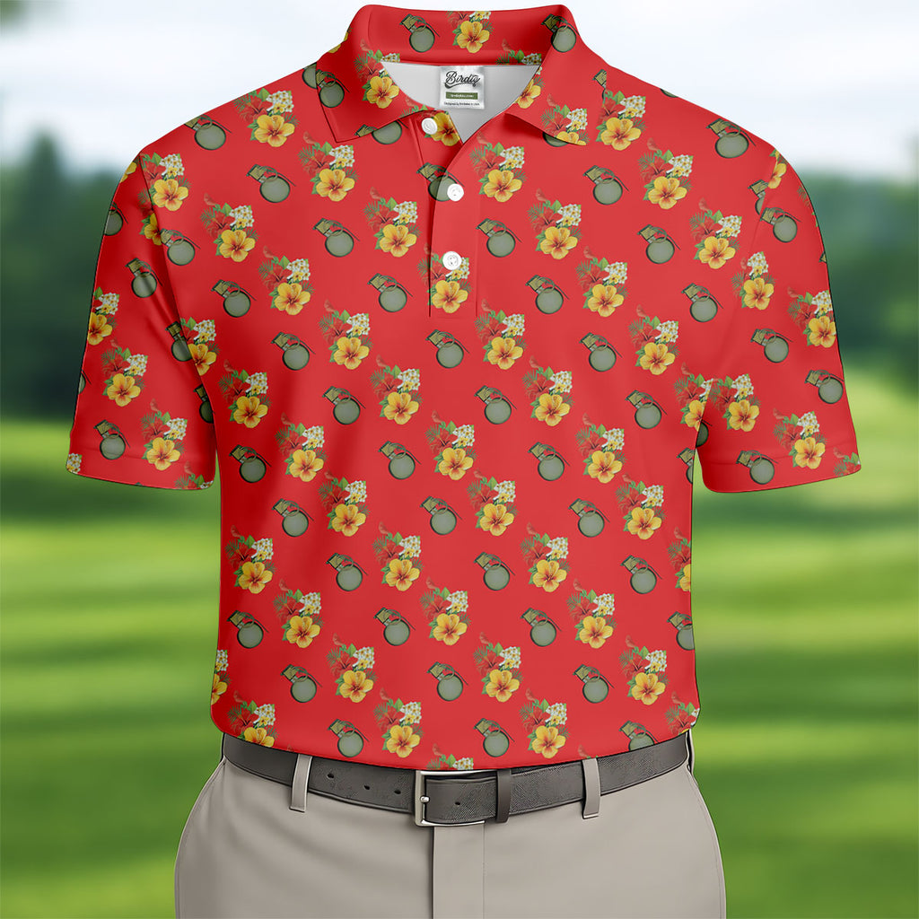 Hibiscus Flowers Green Grenades Seamless Pattern Red Golf Shirt, Golf Tops For Men, Golf Shirts For Men