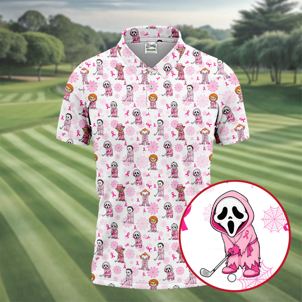 Halloween Horror Character Breast Cancer Polo Shirt, Mens Golf Polo, Golf Apparel For Men