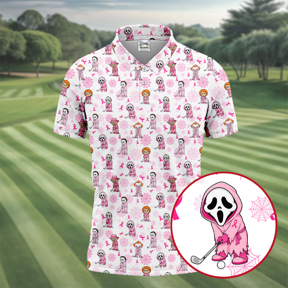 Halloween Horror Character Breast Cancer Polo Shirt, Mens Golf Polo, Golf Apparel For Men