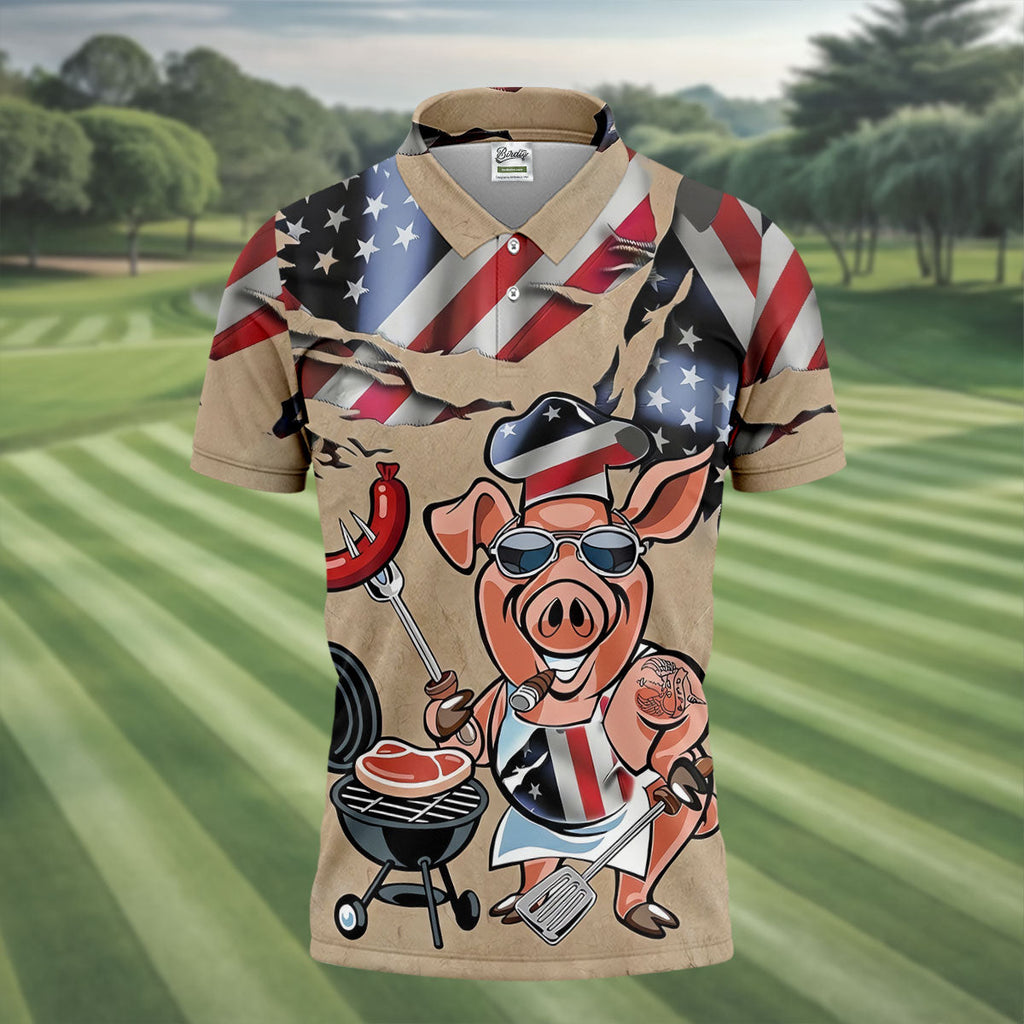 Patriotic American Flag Funny BBQ 250th Anniversary Dark Beige Polo Shirts For Men, Golf Shirts For Men