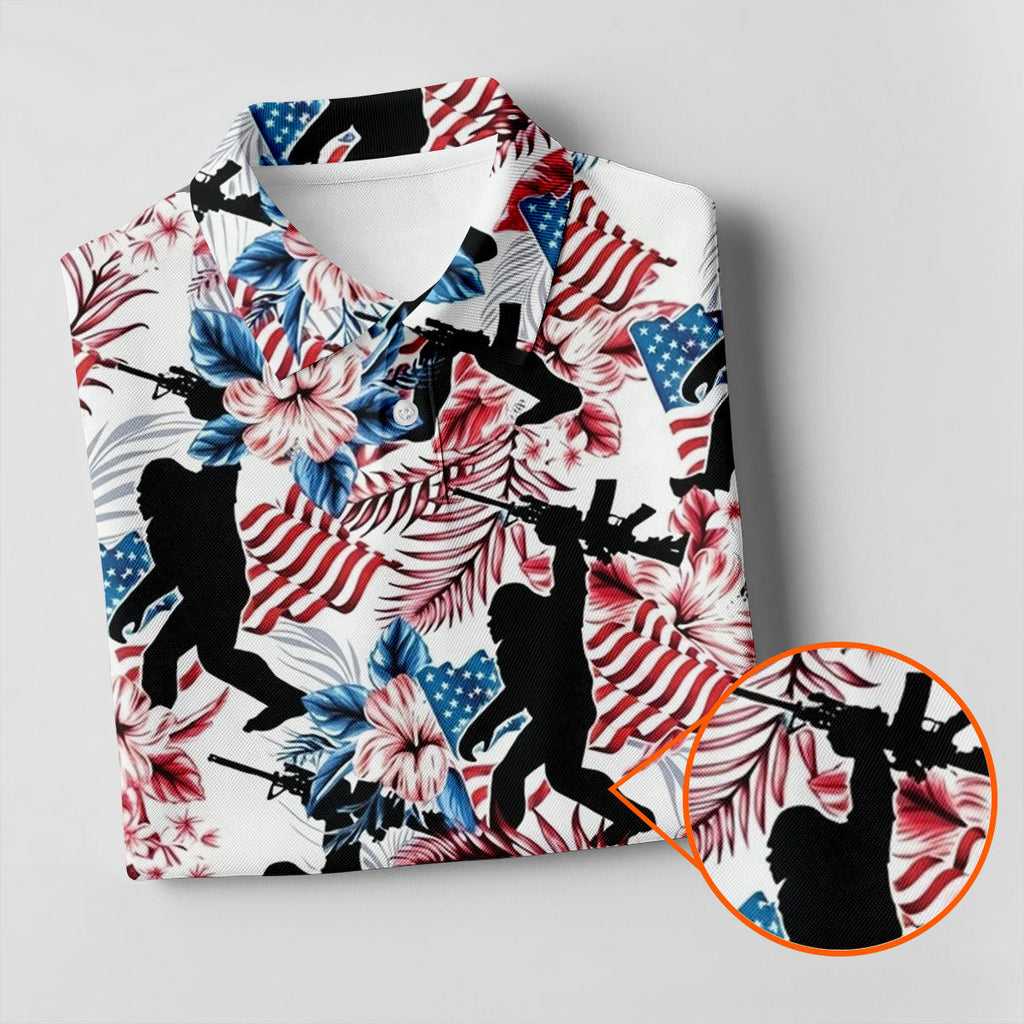 Hawaiian Bigfoot Patriotic 4th Of July American Flag Golf Shirt, 250th Anniversary Golf Shirts For Men