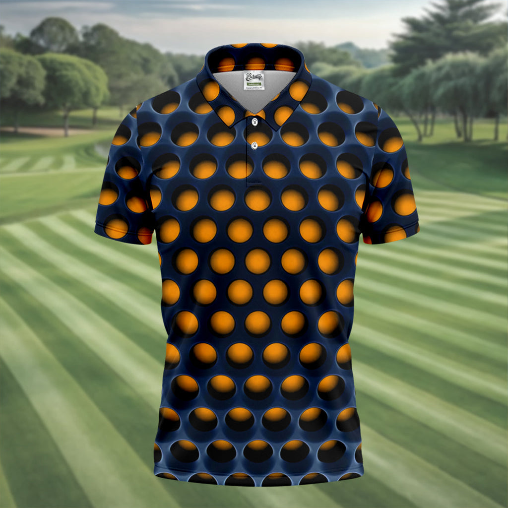 3D Effect Circular Pattern Orange Golf Shirt, Cool Golf Outfit, Men's Funny Golf Shirts, Polo Shirts For Men