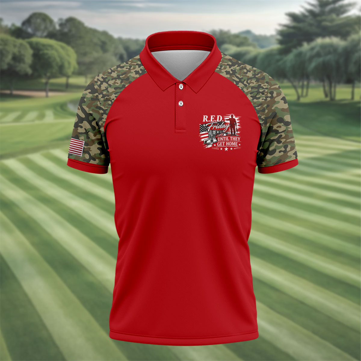 RED Friday Untill They Get Home Red Camo Golf Shirt, Veteran Memorial 250 Years Polo Shirts For Men