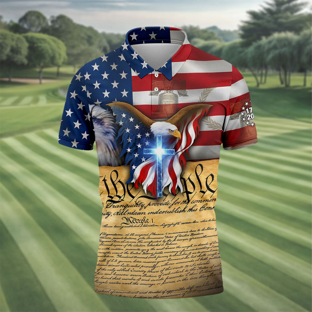 God Bless America 250 Years Of Freedom Faith Cross Patriotic Golf Shirt, 4th Of July Golf Shirts For Men