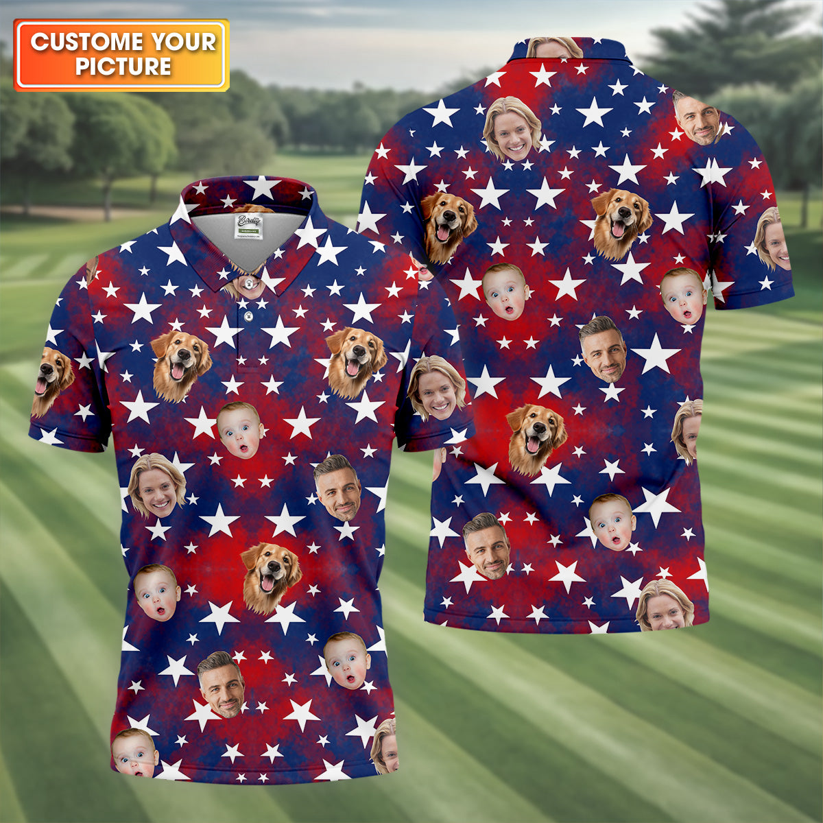 American Flag Personalized Face Shirts, Men's Golf Polo Shirt, Patriotic Golf Polo Shirt, 4th Of July Shirt, Dad Golf Gift