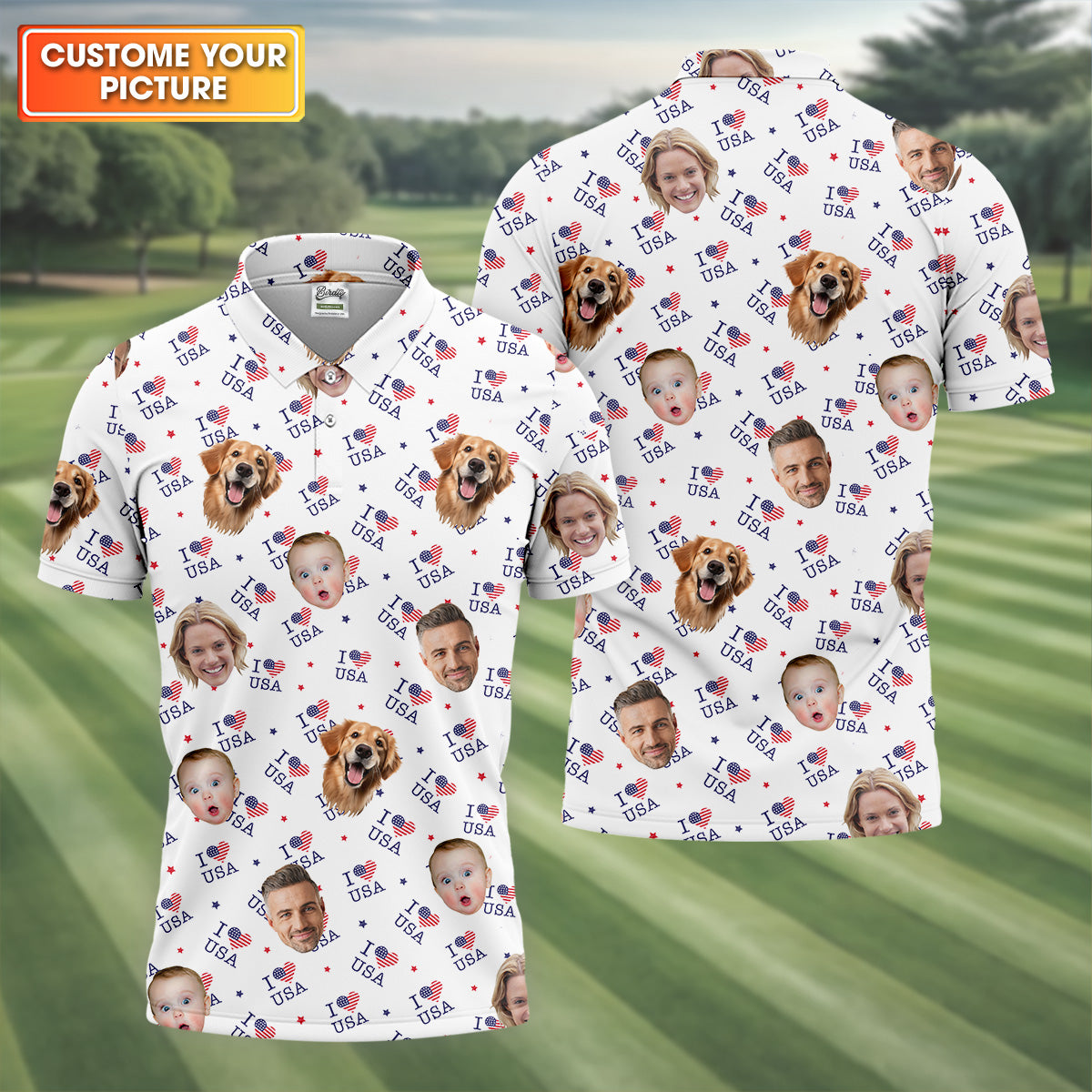 I Love USA Personalized Face Shirts, Men's Golf Polo Shirt, Patriotic Golf Polo Shirt, 4th Of July Shirt, USA Golf Shirt