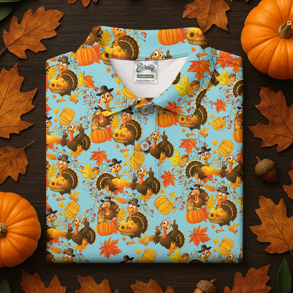 Turkey Pumpkin Thanksgiving Holiday Blue And Orange Polo Shirts For Men, Golf Gift For Men
