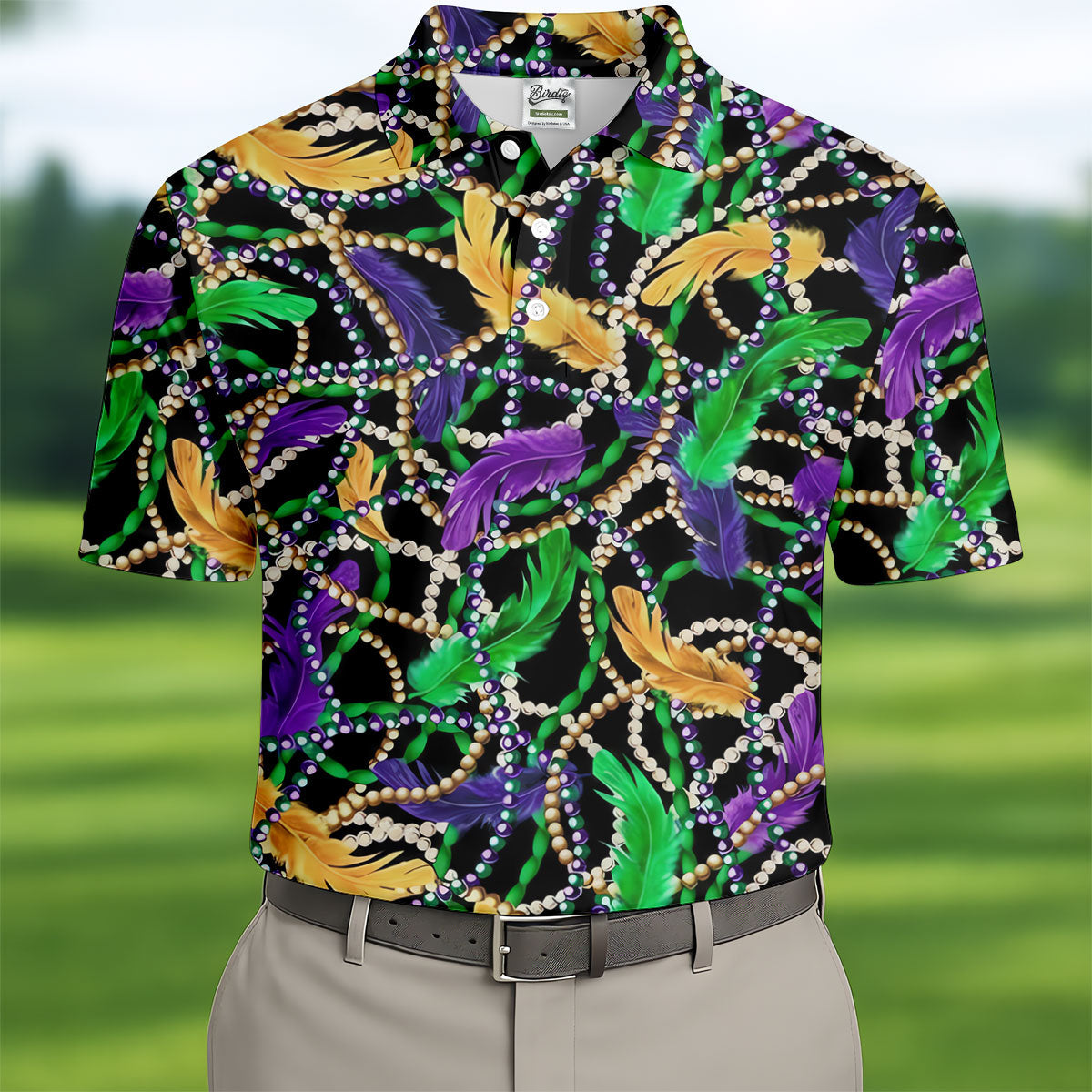 Purple Green Gold Feather Beads Mardi Gras Golf Shirt, Polo Shirts For Men, Golf Shirts For Men