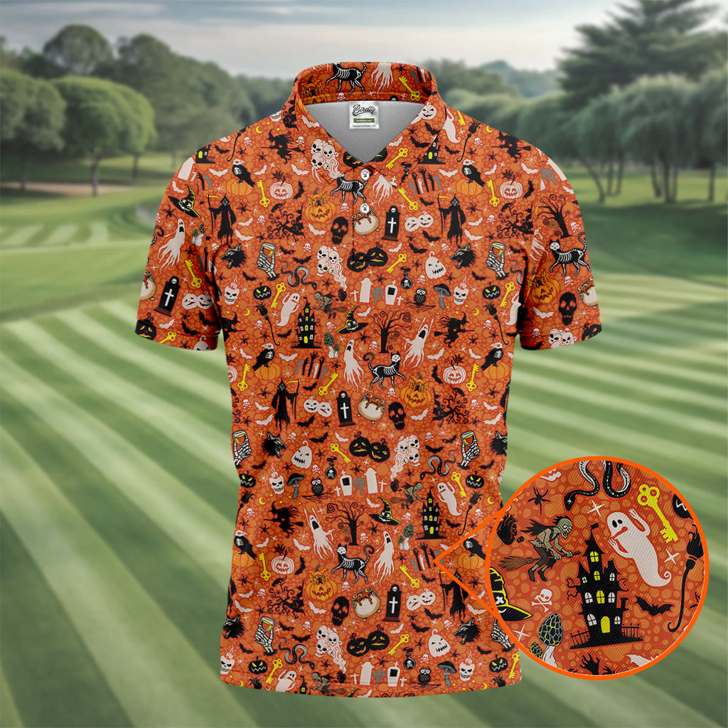 Halloween Skull Witch Cat Orange Golf Shirt, Funny Halloween Polo Shirts For Men, Golf Gift For Men