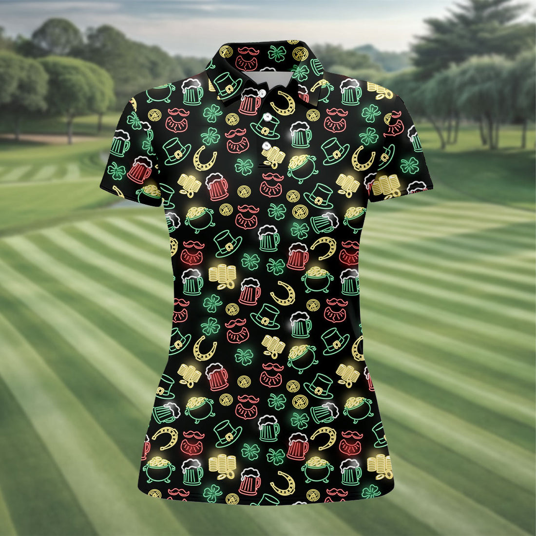 Leprechaun Hats Gold Coins Pot St Patrick's Day Shamrock Golf Shirt, Women's Golf Tops, Ladies Golf Polos