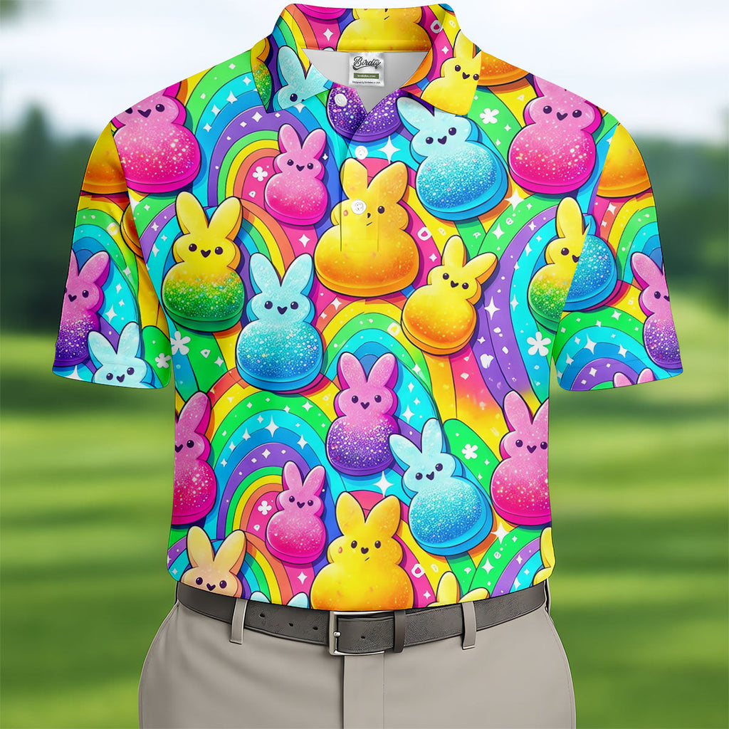 Colorful Easter Peeps Rainbow Pattern Golf Shirts For Men, Cute Golf Outfit, Polo Shirts For Men