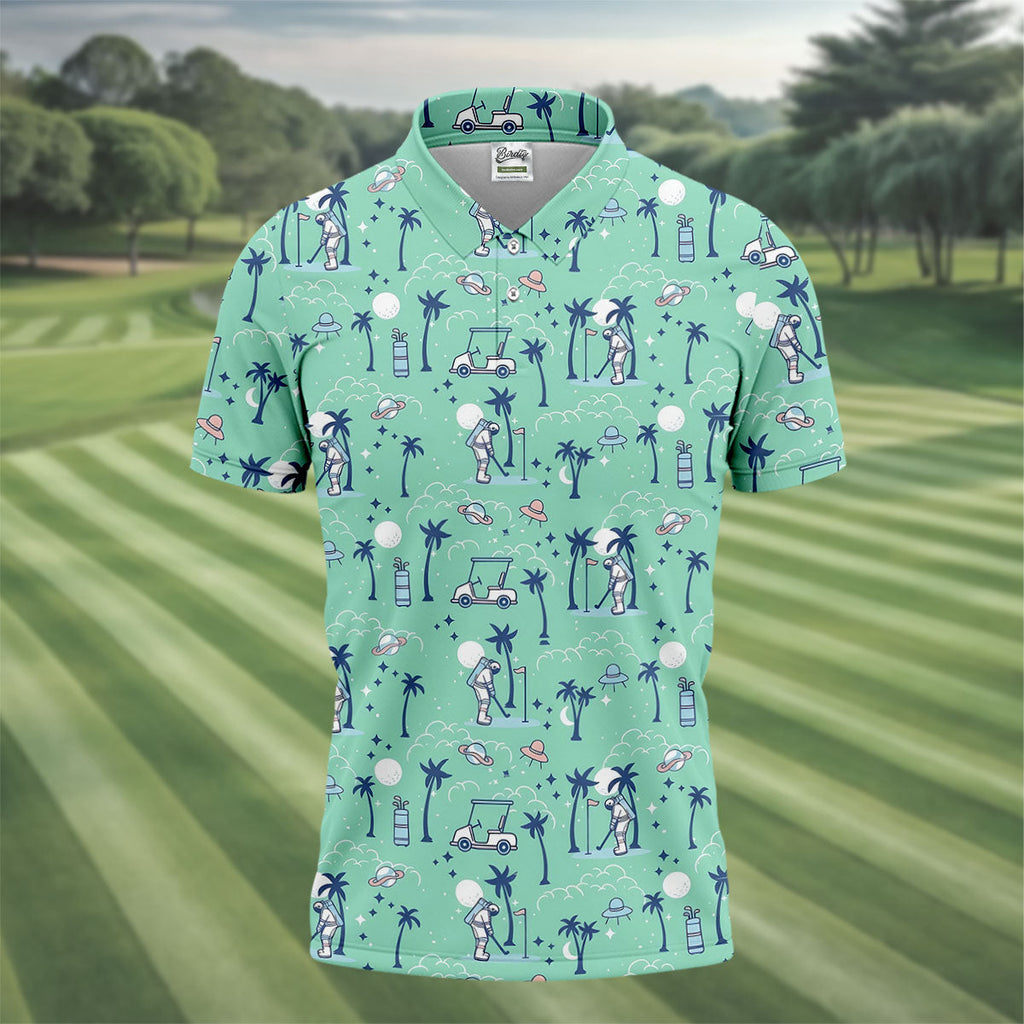 Astronaut Golfing Space Themed Tropical Golf Shirt, Golf Tops For Men, Golf Shirts For Men