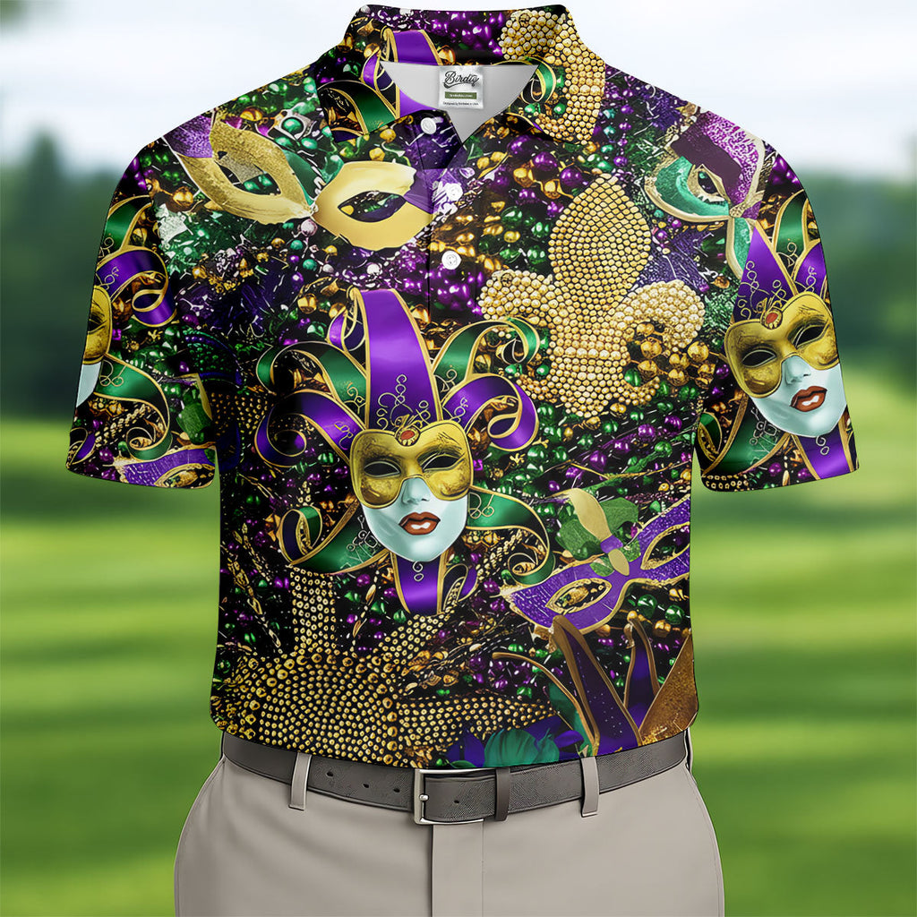Jester Mask Purple Green Gold Fleur De Lis Beads Mardi Gras Golf Shirt, Golf Shirts For Men, Polo Shirts For Men