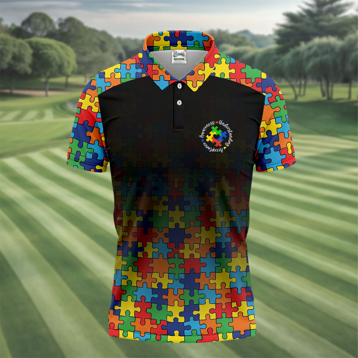 Acceptance Awareness Understanding Autism Awareness Puzzle Pattern Black Fade Golf Shirts For Men