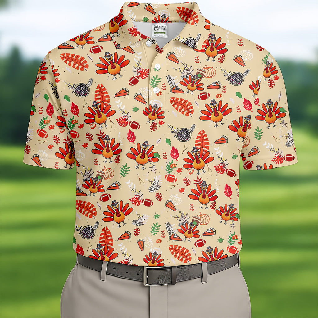 Funny Turkey Hawaiian Pattern Thanksgiving Golf Tops For Men, Fun Golf Shirts For Men, Polo Shirts For Men