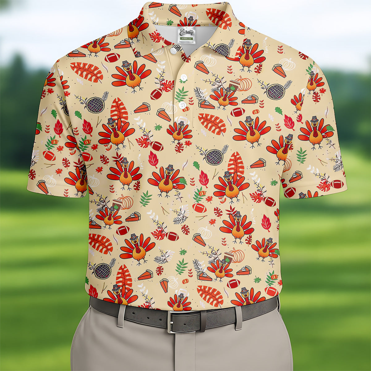 Funny Turkey Hawaiian Pattern Thanksgiving Golf Tops For Men, Fun Golf Shirts For Men, Polo Shirts For Men