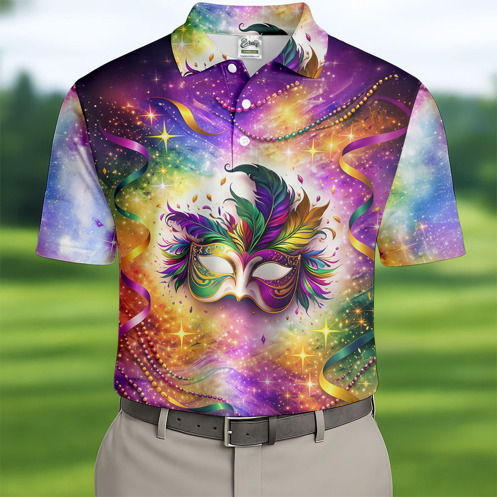 Carnival Mask Feather Print Purple Green Gold Dazzling Effect Mardi Gras Polo Shirts For Men, Golf Shirts For Men